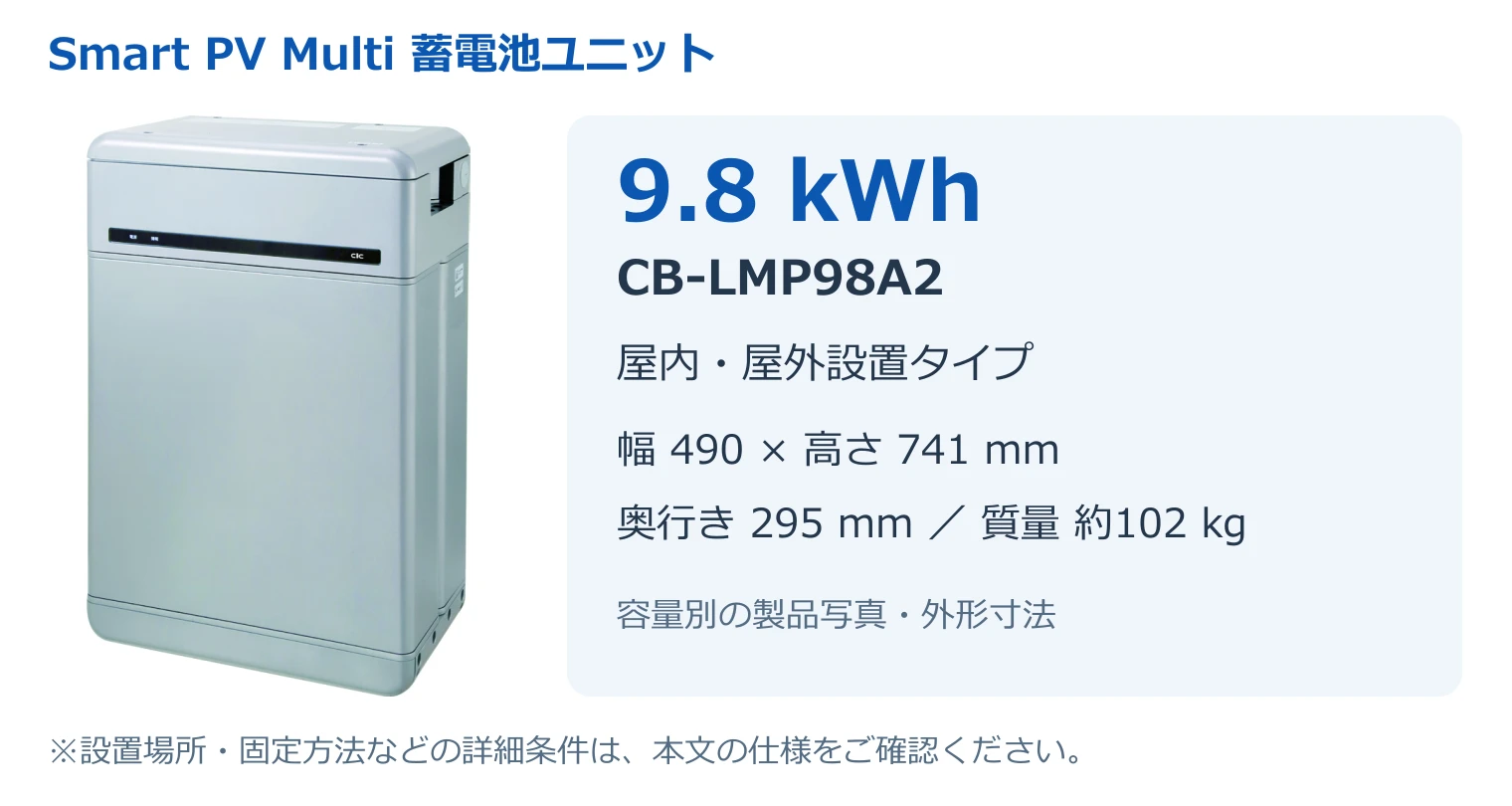 蓄電池ユニット CB-LMP98A2 9.8kWhの製品写真と外形寸法