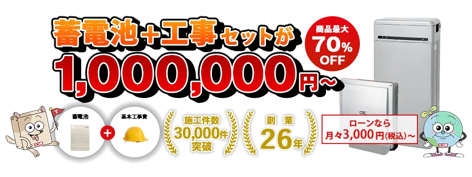 蓄電池+工事セットが1,000,000円～　商品最大70％OFF　ローンなら月々3,000円（税込）～　他店徹底対抗　業界最安値自信保証　他店が当店より1円でも安い場合、他店見積書ご提示で、完全対応致します。　施工件数30,000件突破　創業26年